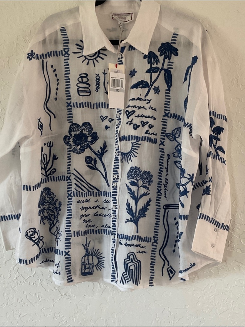 Johnny Was White Button-Down Shirt with Navy Botanical Sketches